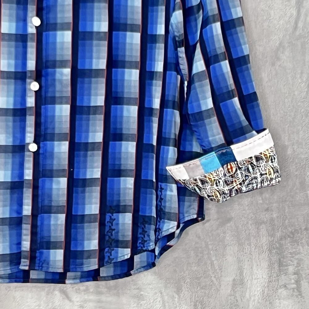 Robert Graham Shirt Mens XL Blue Plaid Flip Cuff Check‎ Classic Fit Embroidered - Picture 4 of 14